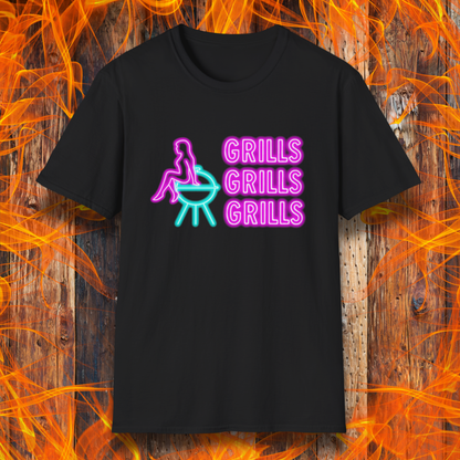 Black t-shirt with colorful graphic and 'GRILLS GRILLS GRILLS' text on a fiery background