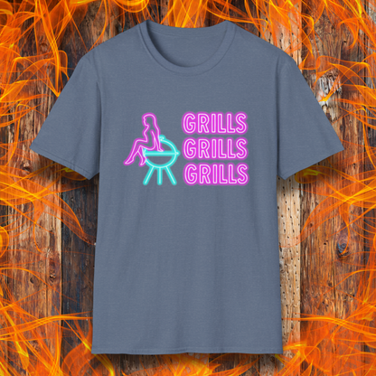 Blue t-shirt with neon graphic and text 'GRILLS GRILLS GRILLS' on a fiery background
