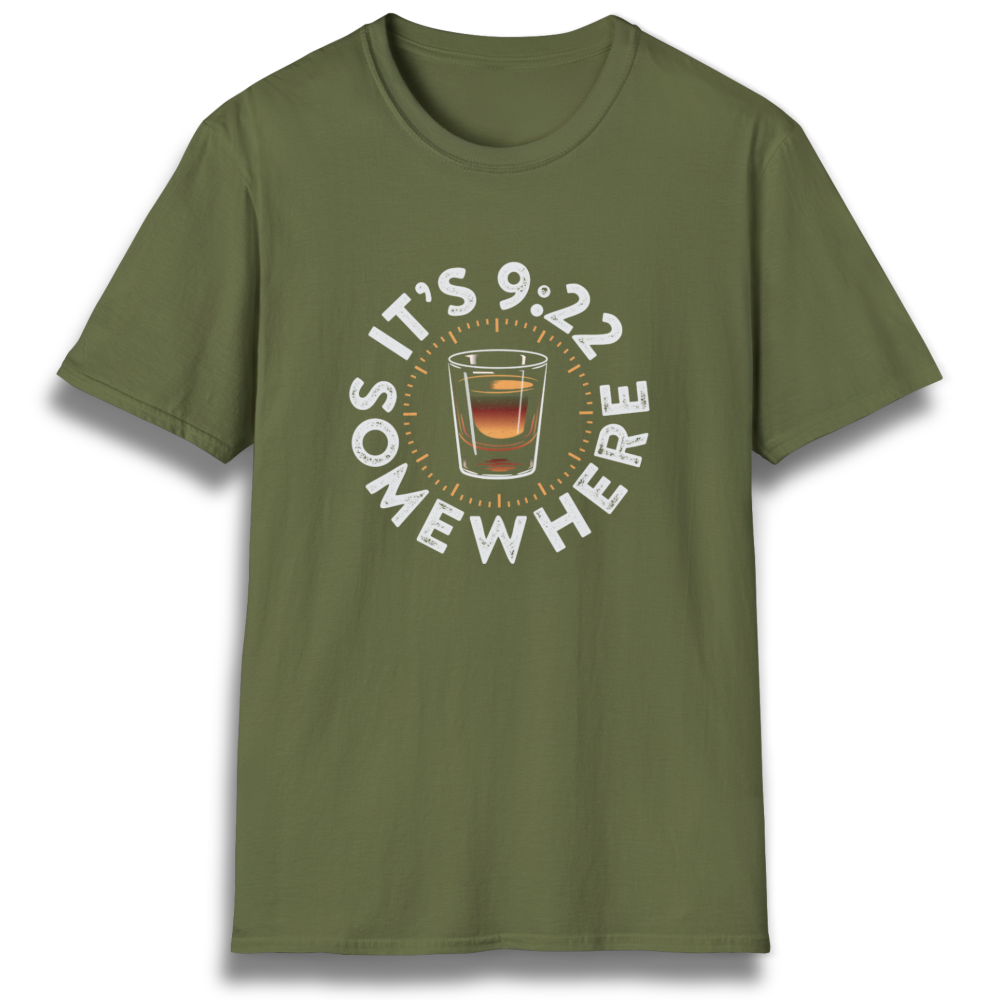 A T-shirt with the phrase "It's 9:22 somewhere" and a shot glass.