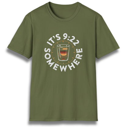 A T-shirt with the phrase "It's 9:22 somewhere" and a shot glass.
