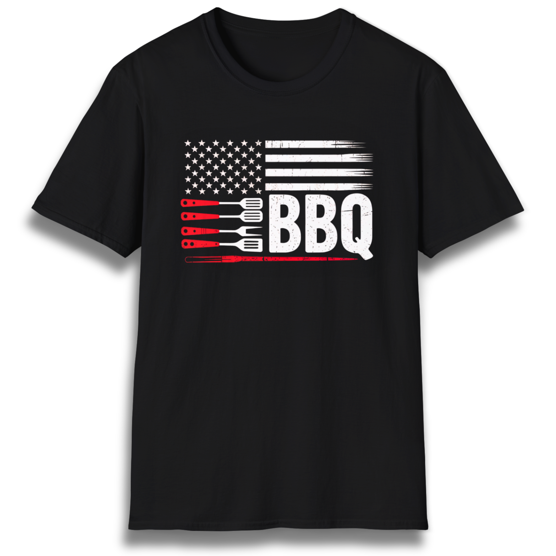 T-shirt with flag graphic made up of stars, stipes, and grilling tools. Includes the word "BBQ"