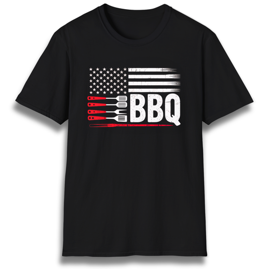 T-shirt with flag graphic made up of stars, stipes, and grilling tools. Includes the word "BBQ"