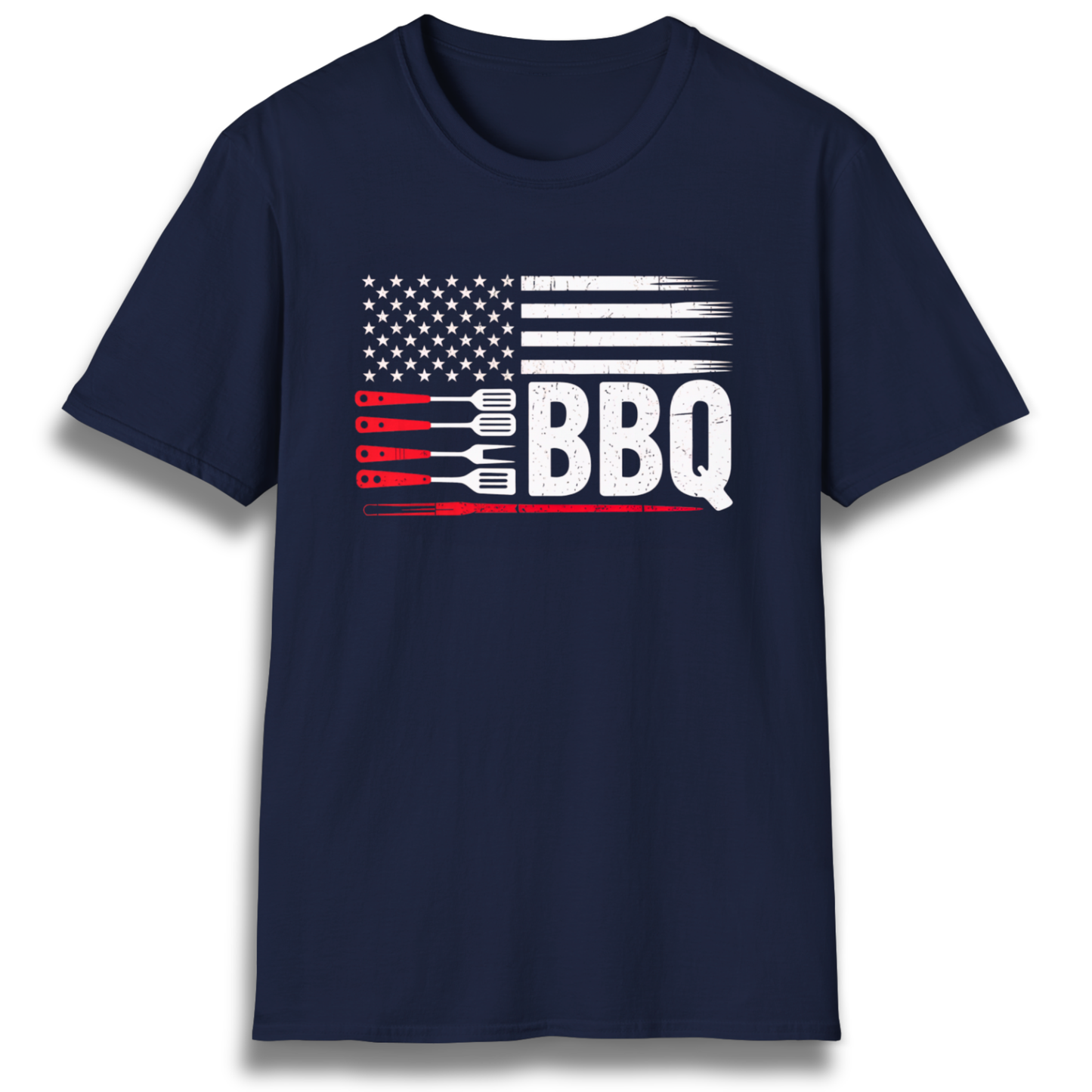 T-shirt with flag graphic made up of stars, stipes, and grilling tools. Includes the word "BBQ"