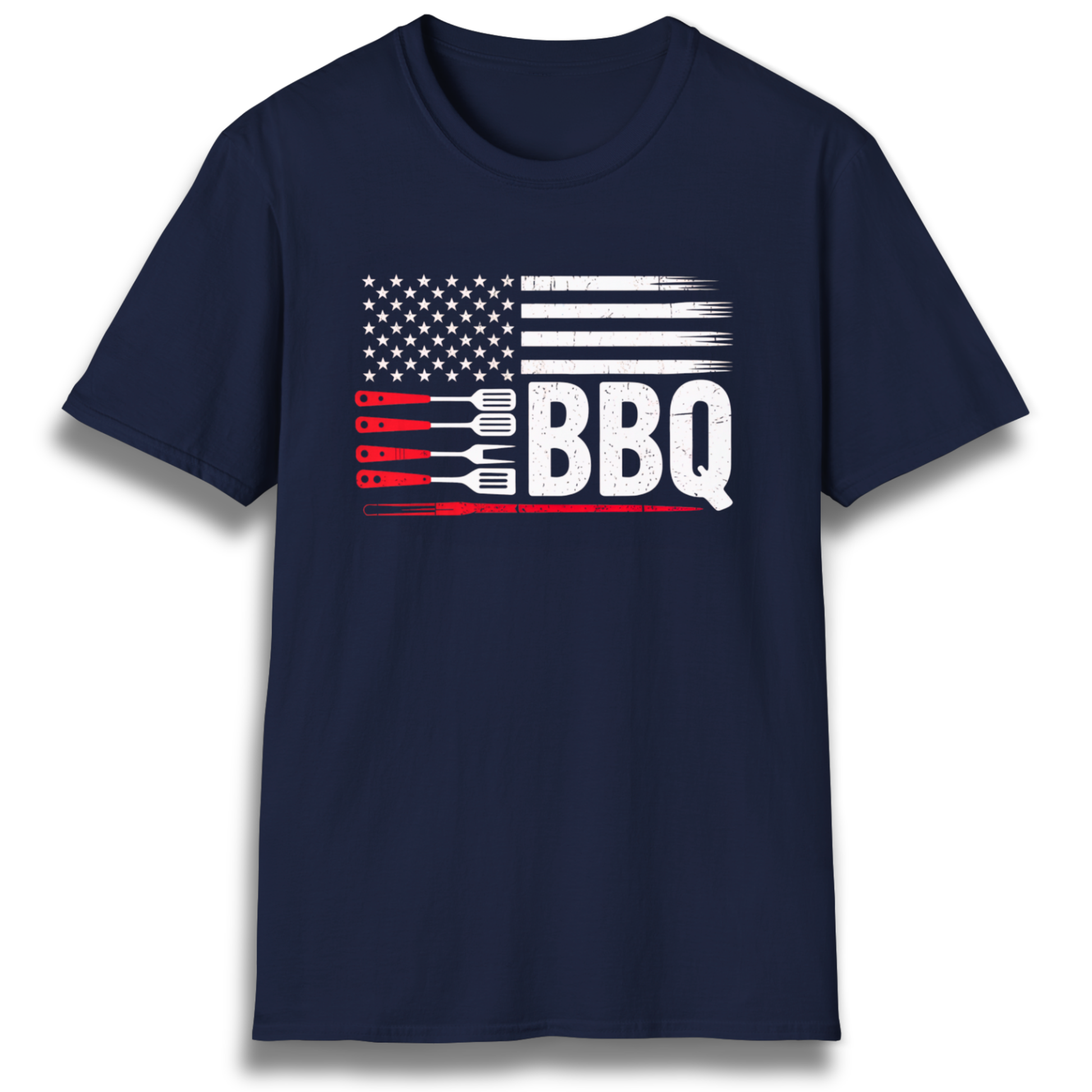 T-shirt with flag graphic made up of stars, stipes, and grilling tools. Includes the word "BBQ"