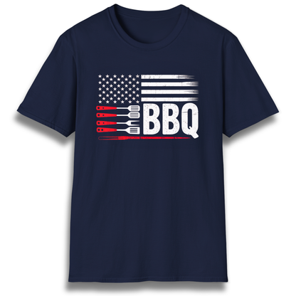 T-shirt with flag graphic made up of stars, stipes, and grilling tools. Includes the word "BBQ"