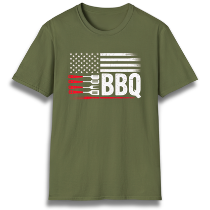 T-shirt with flag graphic made up of stars, stipes, and grilling tools. Includes the word "BBQ"