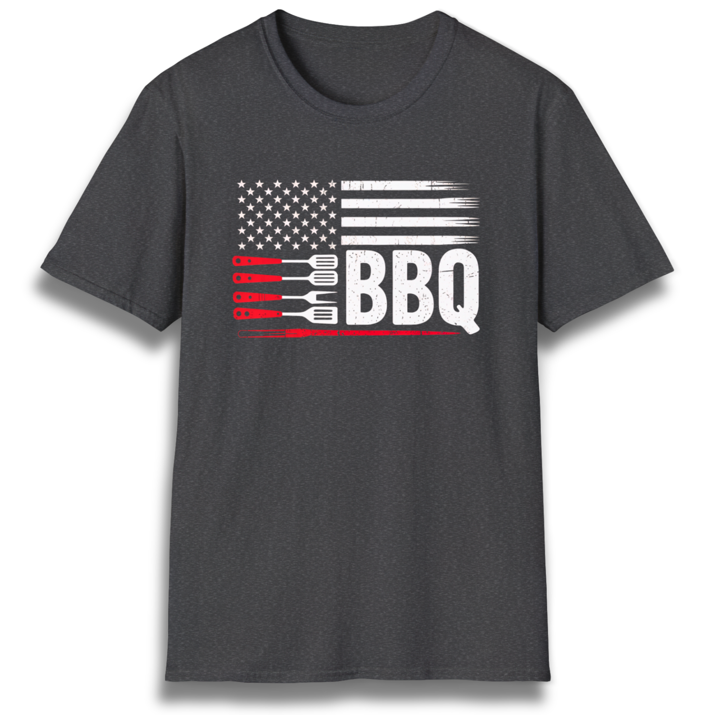 T-shirt with flag graphic made up of stars, stipes, and grilling tools. Includes the word "BBQ"