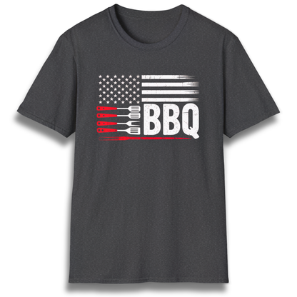 T-shirt with flag graphic made up of stars, stipes, and grilling tools. Includes the word "BBQ"