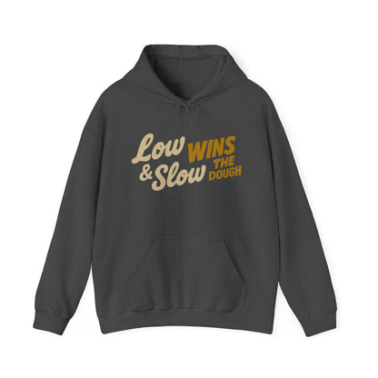 Dark gray hoodie with yellow text on a white background