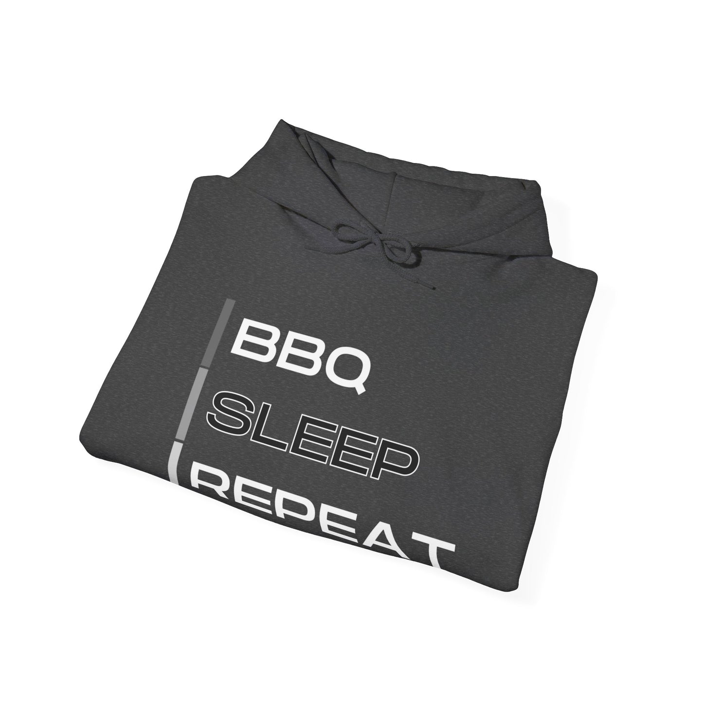 Folded hoodie with 'BBQ SLEEP REPEAT' text on a white background