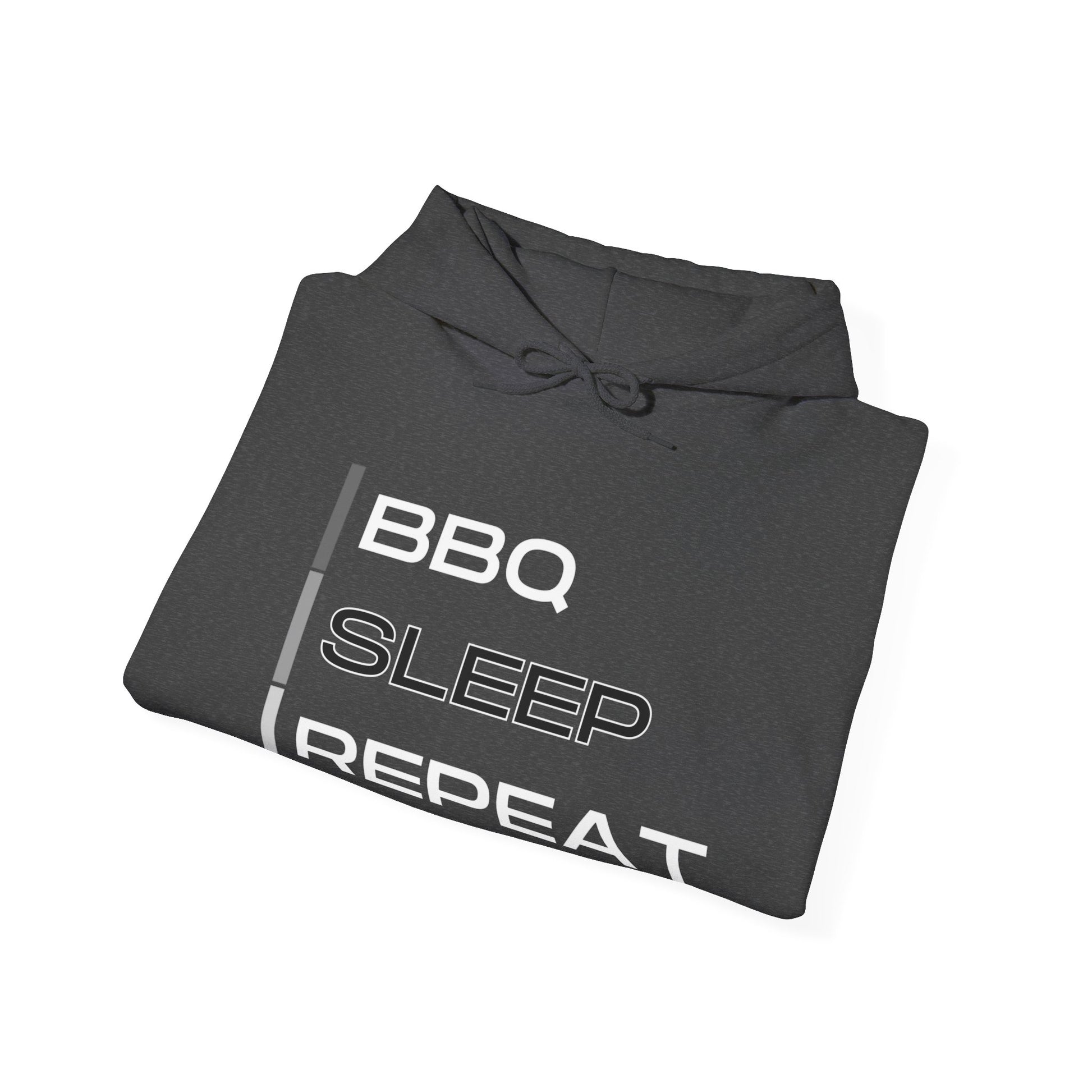 Folded hoodie with 'BBQ SLEEP REPEAT' text on a white background