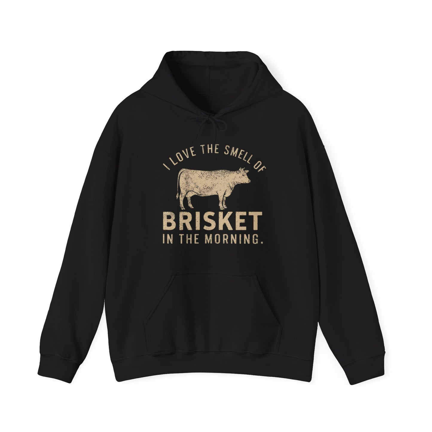 Black hoodie with text "I love the smell of Brisket in the morning" and cow graphic on a white background