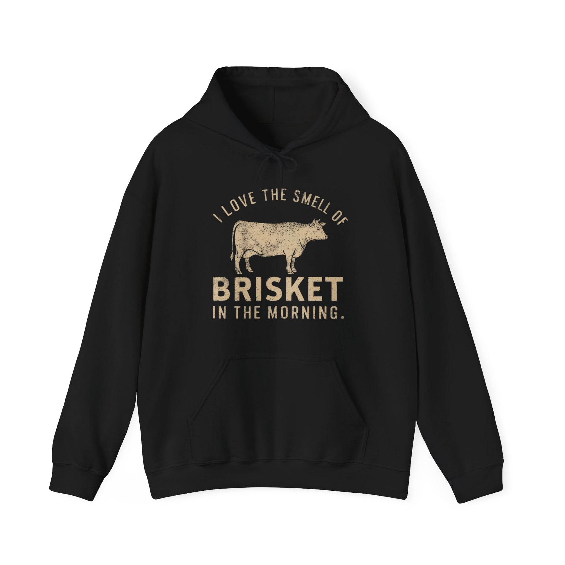 Black hoodie with text "I love the smell of Brisket in the morning" and cow graphic on a white background