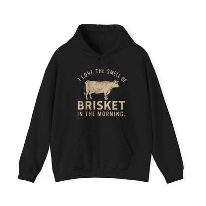Black hoodie with text "I love the smell of Brisket in the morning" and cow graphic on a white background