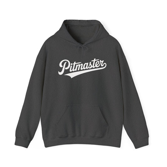 Gray hoodie with 'Pitmaster' text on a white background