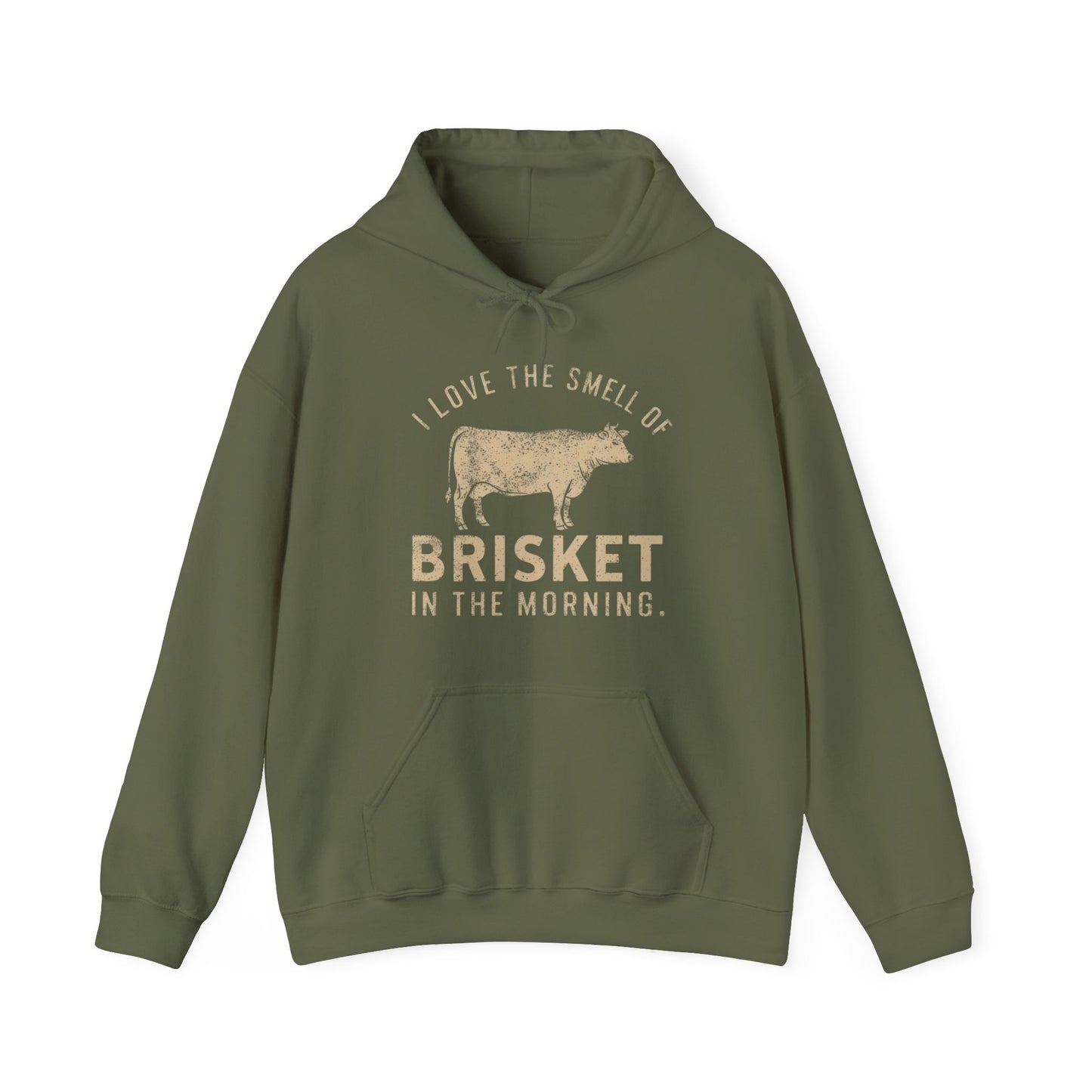 Green hoodie with text "I love the smell of Brisket in the morning" and cow graphic on a white background