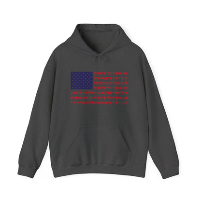Gray hoodie  with an American flag design made up of smokers and grills on a white background