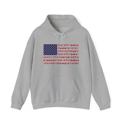 Gray hoodie with an American flag design made up of smokers and grills on a white background