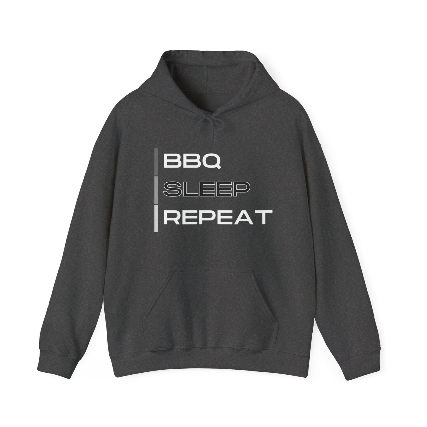Dark gray hoodie with 'BBQ Sleep Repeat' text on a white background