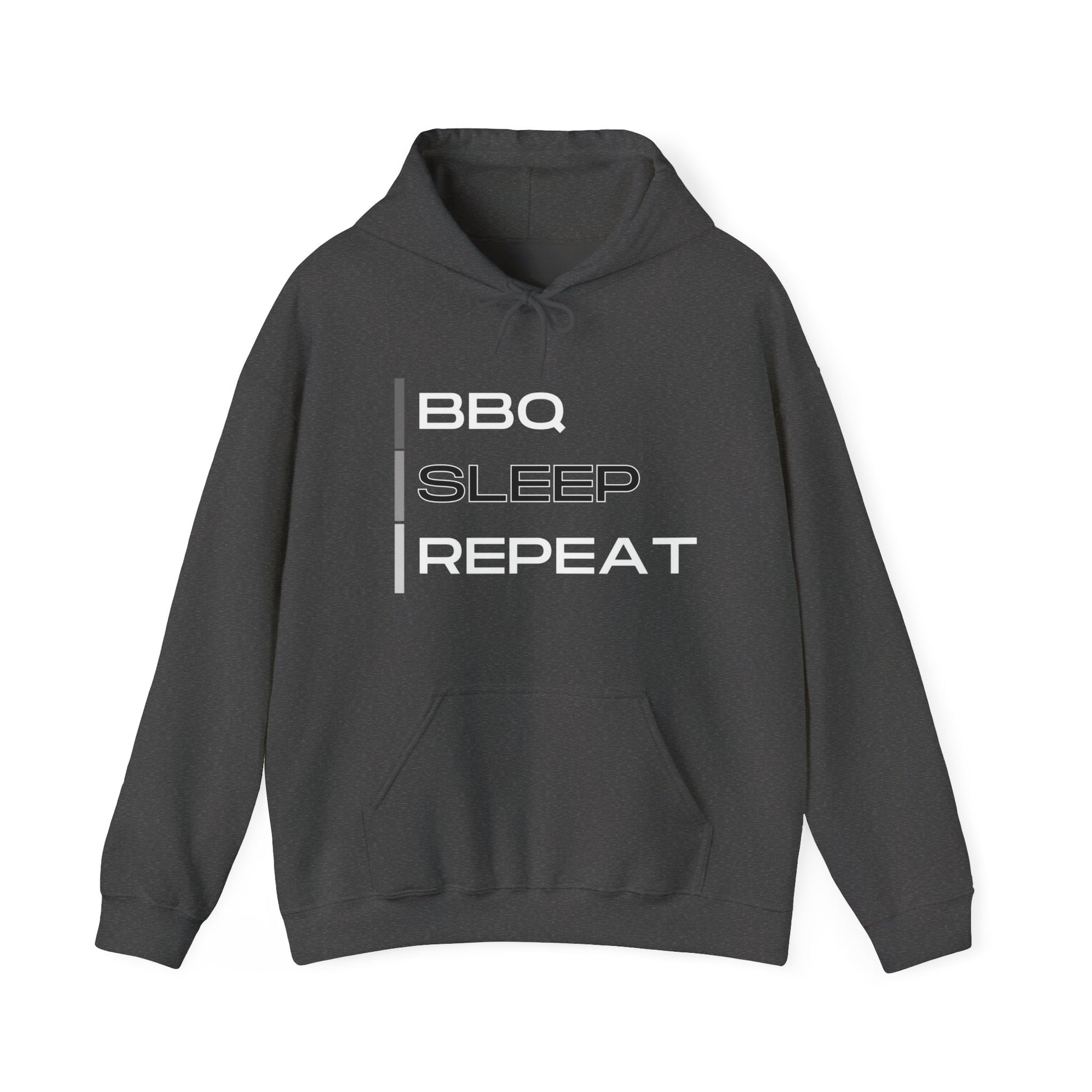 Dark gray hoodie with 'BBQ Sleep Repeat' text on a white background