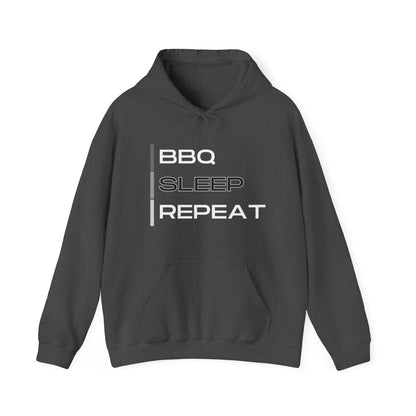 Dark gray hoodie with 'BBQ Sleep Repeat' text on a white background