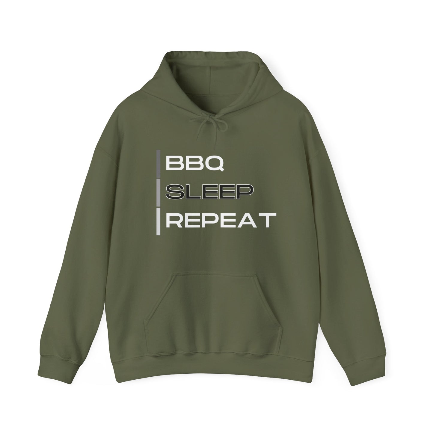 Green hoodie with 'BBQ SLEEP REPEAT' text on a white background