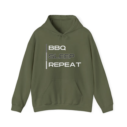 Green hoodie with 'BBQ SLEEP REPEAT' text on a white background