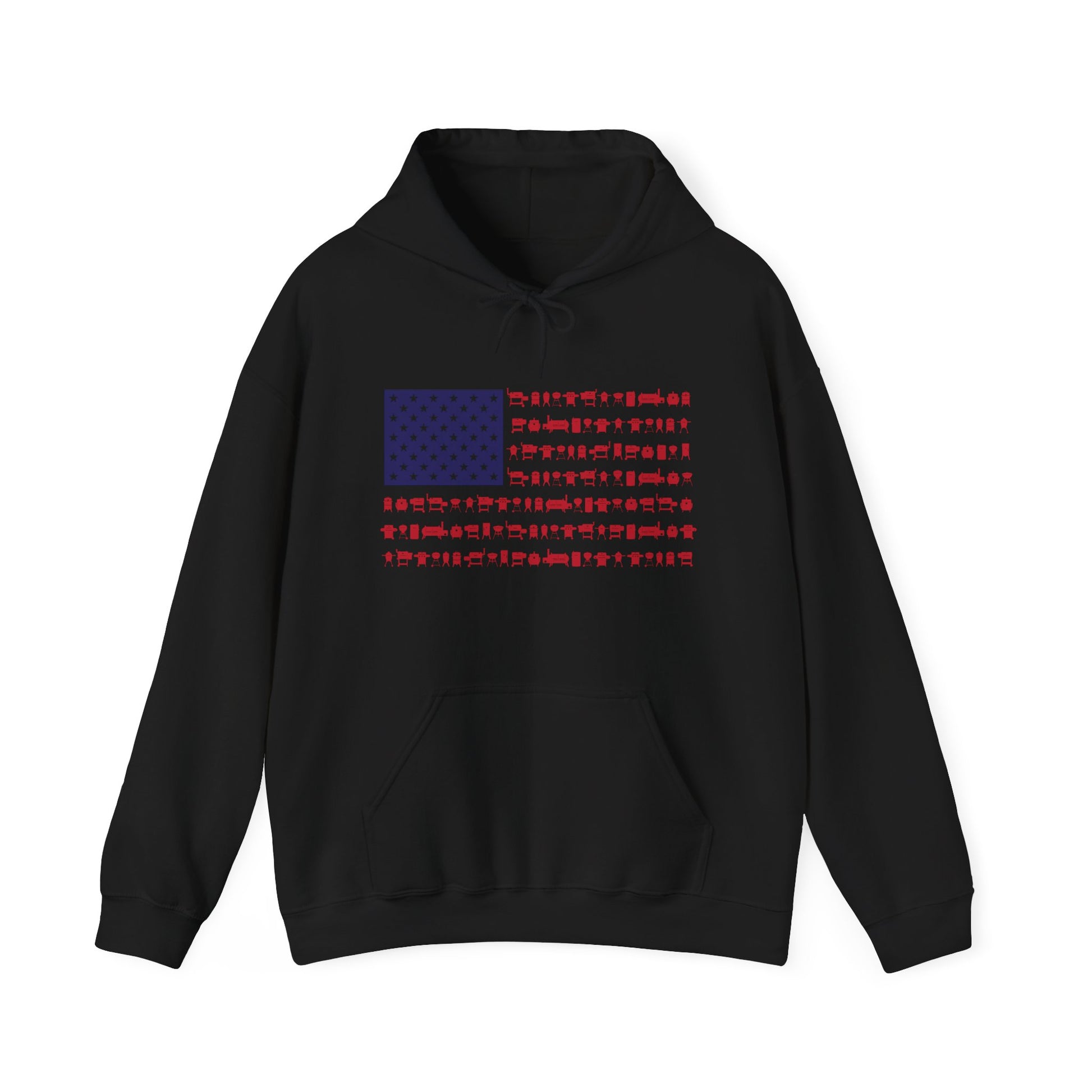 Black hoodie with an American flag design made up of smokers and grills on a white background