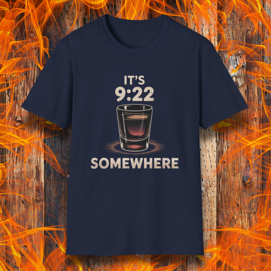 Navy  T-shirt featuring the phrase "It’s 9:22 Somewhere" with a detailed shot glass illustration, set against a rustic wood and flame background — a nod to the BBQ competition tradition of the 9:22 shot.