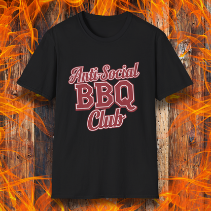 Black t-shirt with a bold red and white 'Anti-Social BBQ Club' design, perfect for grillers who prefer smoking meat over small talk