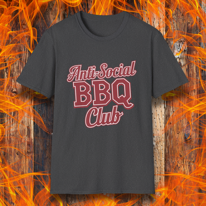 Dark Heather t-shirt with a bold red and white 'Anti-Social BBQ Club' design, perfect for grillers who prefer smoking meat over small talk