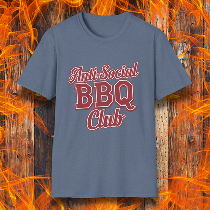 Heather Indigo t-shirt with a bold red and white 'Anti-Social BBQ Club' design, perfect for grillers who prefer smoking meat over small talk