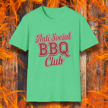 Heather Irish Green t-shirt with a bold red and white 'Anti-Social BBQ Club' design, perfect for grillers who prefer smoking meat over small talk