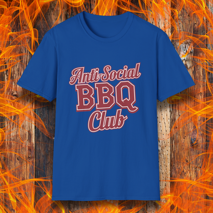 Royal Blue t-shirt with a bold red and white 'Anti-Social BBQ Club' design, perfect for grillers who prefer smoking meat over small talk