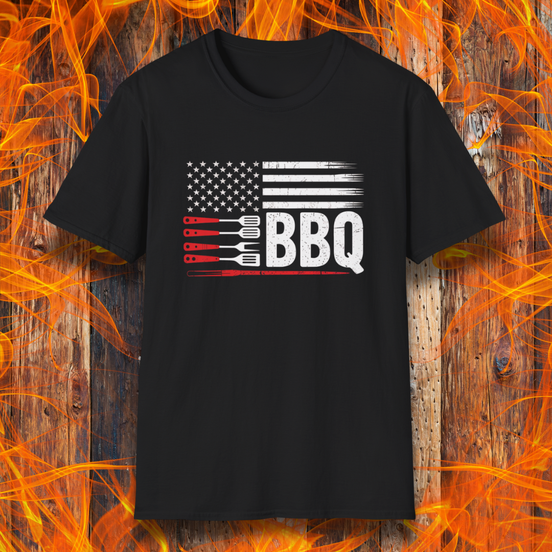 Black t-shirt with American flag and BBQ graphic on a fiery background