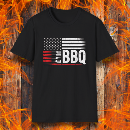 Black t-shirt with American flag and BBQ graphic on a fiery background