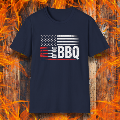 Navy blue t-shirt with American flag and BBQ graphic on a fiery background