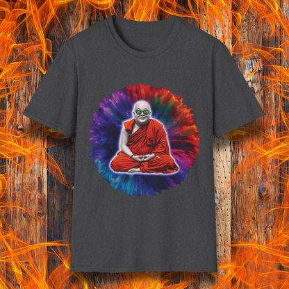 Dark Heather T-shirt featuring a meditating monk with a colorful tie-dye aura and "BBQ Guru" sunglasses. Perfect for BBQ masters, pitmasters, and grilling enthusiasts who take their craft to a spiritual level.