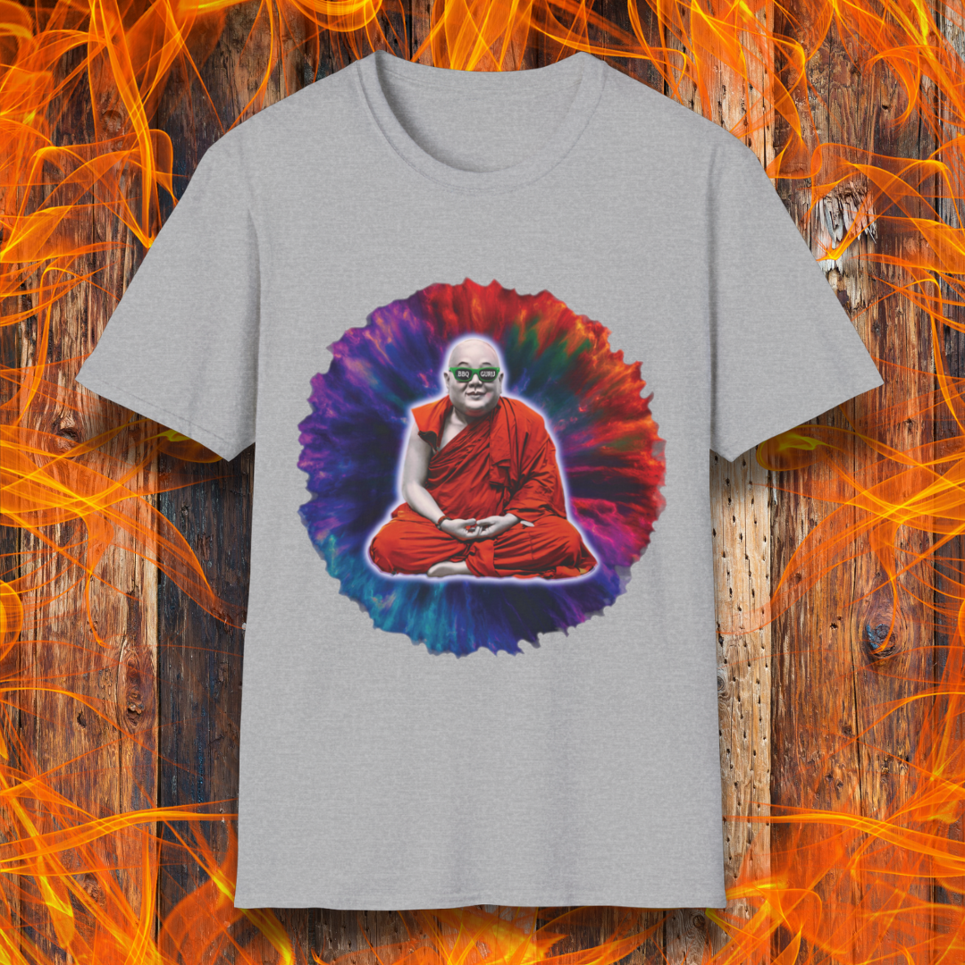 Sport Grey T-shirt featuring a meditating monk with a colorful tie-dye aura and "BBQ Guru" sunglasses. Perfect for BBQ masters, pitmasters, and grilling enthusiasts who take their craft to a spiritual level.