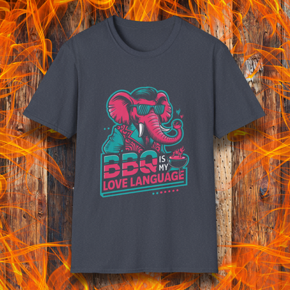 Heather Indigo T-shirt featuring a bold neon-style design of a cool elephant in sunglasses with the phrase 'BBQ Is My Love Language.' Perfect for barbecue enthusiasts and grill masters who love to showcase their passion for smoked meats and outdoor cooking in style.
