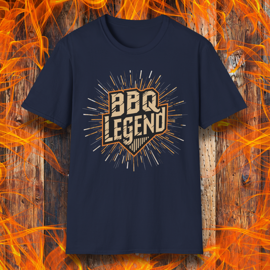 Navy t-shirt featuring a bold 'BBQ Legend' design with a vintage shield emblem and radiant burst effect, perfect for grill masters and barbecue enthusiasts.