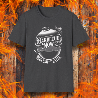 Dark Heather t-shirt with barbecue graphic and text on a wooden background with flames