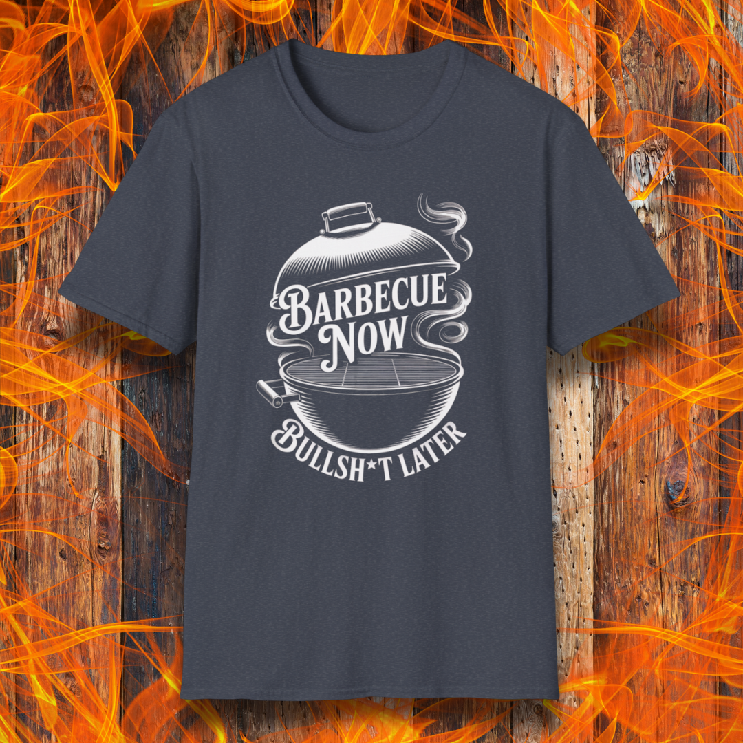 Heather navy blue t-shirt with barbecue graphic and text on a wooden background with flames.