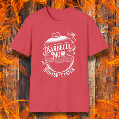 Heather Red t-shirt with barbecue graphic and text on a wooden background with flames.