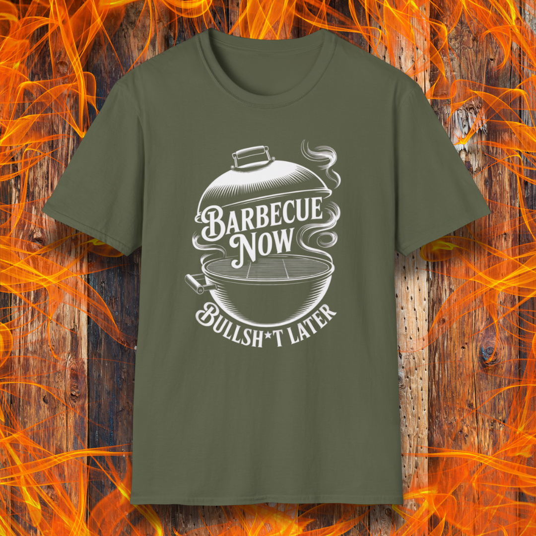 Military Green t-shirt with barbecue graphic and text on a fiery background
