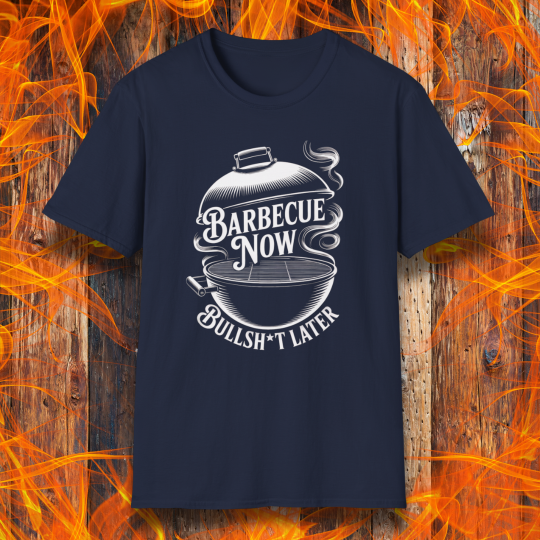 Navy blue t-shirt with barbecue graphic and text on a fiery background