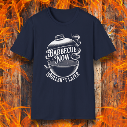Navy blue t-shirt with barbecue graphic and text on a fiery background
