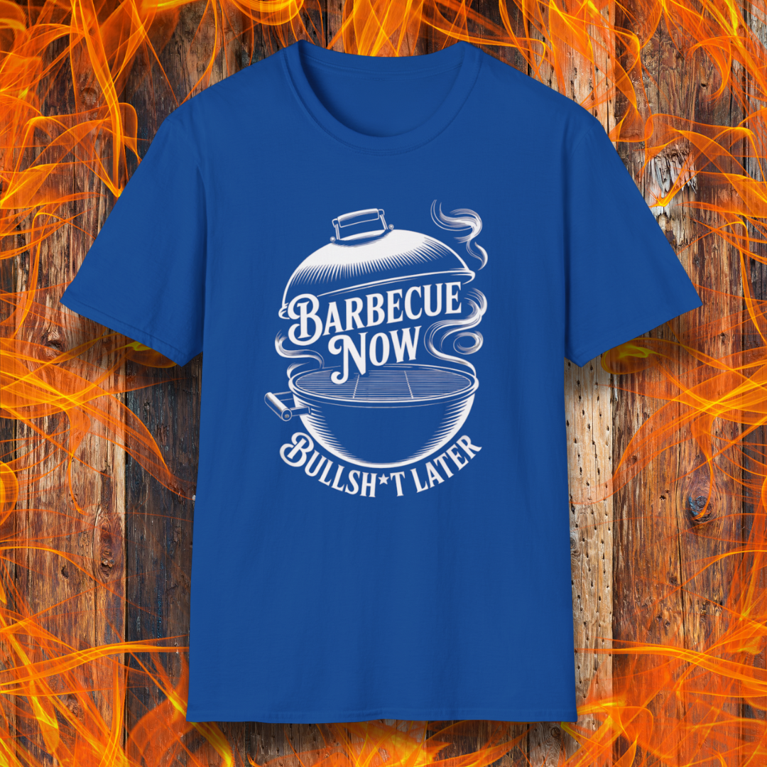 Royal Blue t-shirt with barbecue graphic and text on a wooden background with flames.