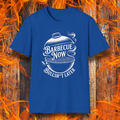 Royal Blue t-shirt with barbecue graphic and text on a wooden background with flames.
