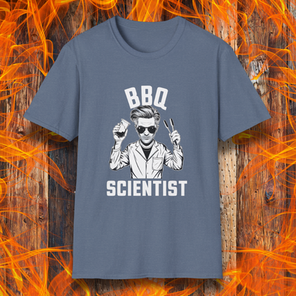 Heather Indigo t-shirt featuring a bold black-and-white illustration of a cool scientist holding BBQ tongs and a beaker, with the phrase 'BBQ Scientist' displayed above and below."